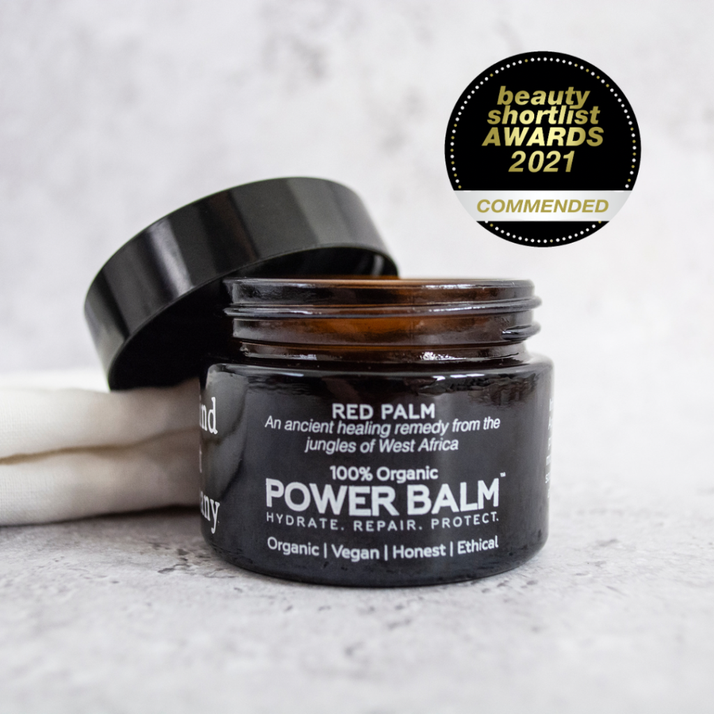 Beauty Shortlist Awards Commended Badge with a jar of POWER BALM