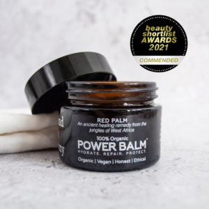 Beauty Shortlist Awards Commended Badge with a jar of POWER BALM